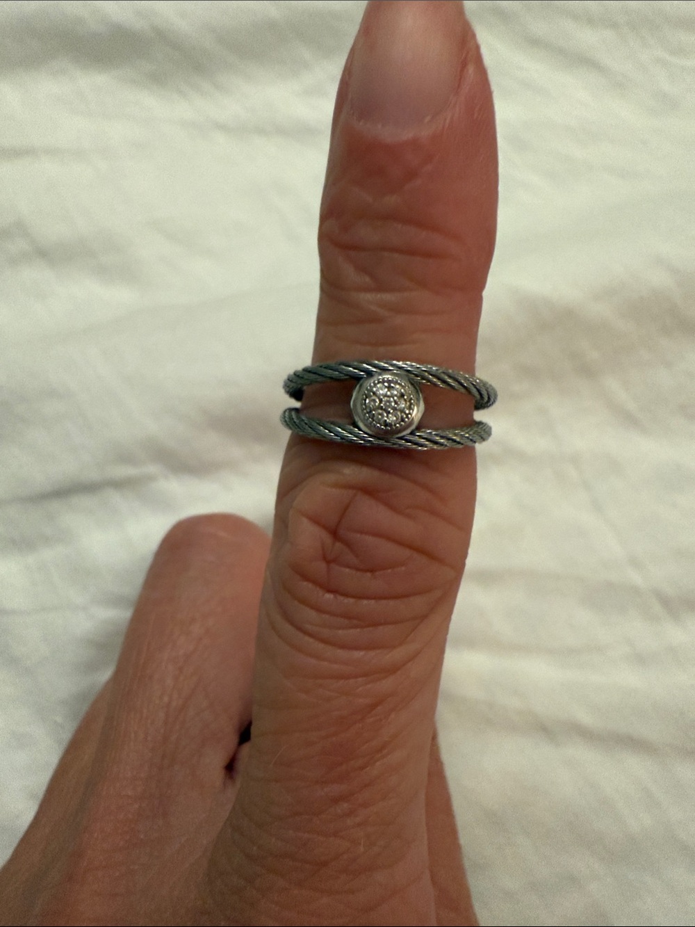 Double-Twist Silver Cable Ring with Pave Crystal Accent - Silver